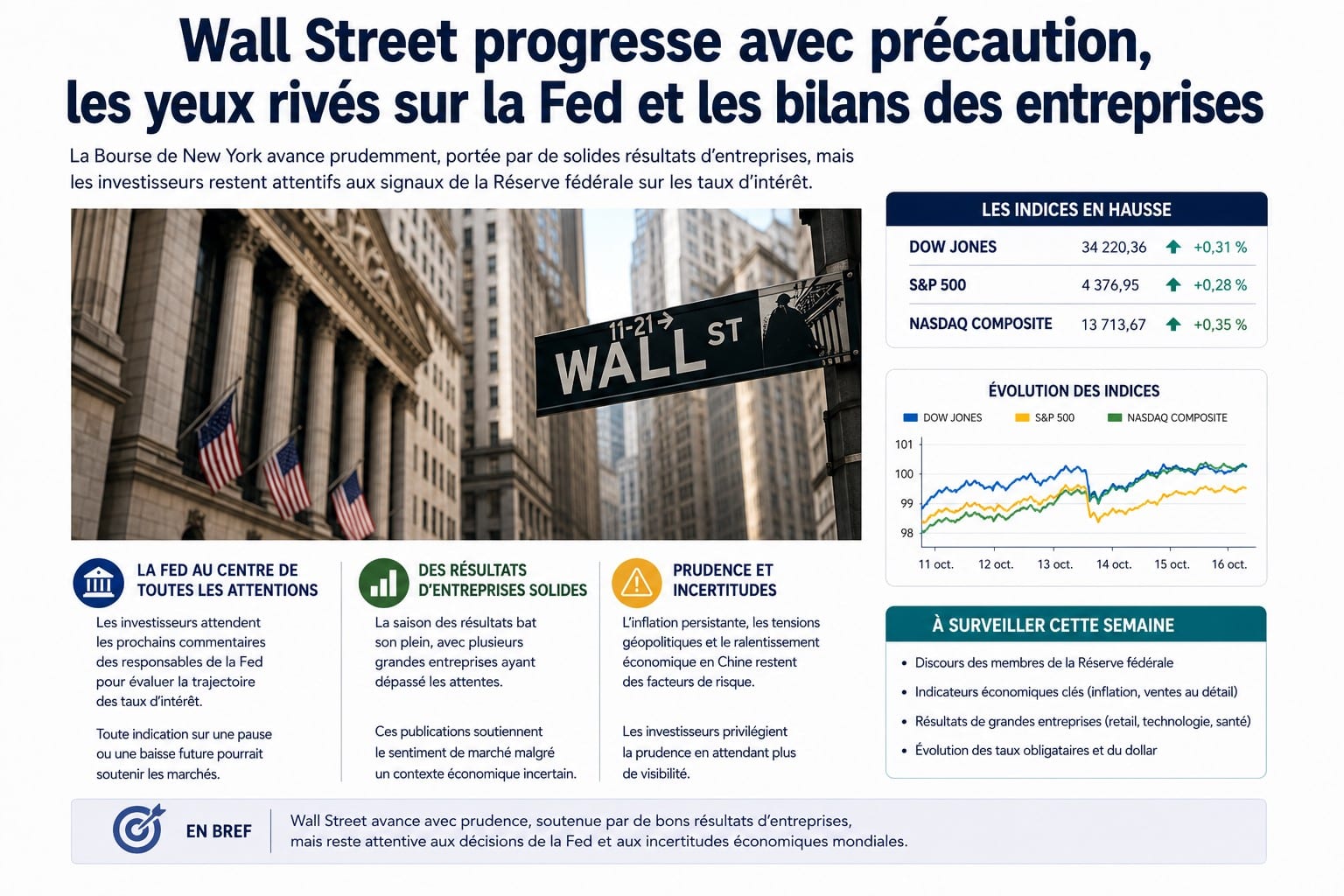 Wall Street progresse avec précaution, les yeux rivés sur la Fed et les bilans des entreprises